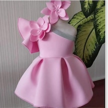 Kız Çocuk Dalgıç Kumaş Pembe Çiçekli Bandalı Tek Omuz Elbise Pembe