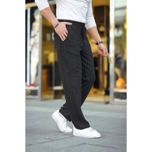 Cizgili Dokuma Krep Jogger Buggy Pantalon Rahat Kalıp - Siyah