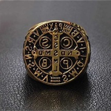 Fastbuy Altın Yeni Paslanmaz Çelik Erkek Yüzük - 8mm Çapraz Altın Detay, Gold Cross Design Altın