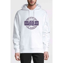 Pi Purble Logo Baskılı Beyaz Erkek Örme Kapşonlu Sweatshirt