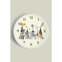 Sevimli Hayvanlar Çocuk Odası Modern Duvar Saati - 42cm - Önü Camlı Beyaz Kasa - Sessiz Mekanizma Beyaz