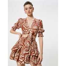 Koton Keten Karışımlı Balon Kol Crop Bluz Kruvaze Yaka Fiyonk Bağlama Detaylı Kahverengi Desenli 4sak60125ew Kahverengi Koton Keten Karışımlı Balon Kol Crop Bluz Kruvaze Yaka Fiyonk Bağlama Detaylı Kahverengi Desenli 4sak60125ew Kahverengi