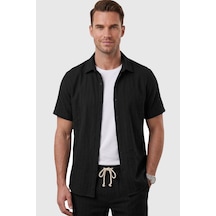 Rizzup Siyah Slim Fit Çizgi Dokulu Keten Görünümlü Kısa Kol Erkek Spor Gömlek 2602648