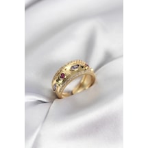 Gold Renk Zirkon Taşlı Vintage Kadın Yüzük Çok Renkli