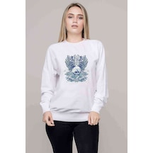 Beyaz Ve Mavi Kafatası Baskılı Beyaz Kadın Sweatshirt (528291416)