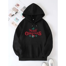 Efnaz Style Yılbaşı Merry Christmas Baskılı Oversize Kapüşonlu Sweatshirt Hoodie - Siyah