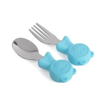 Valkyrie 304 Çelik Panda Bebek Kaşık Çatal Setisilikon Saplı Bpa İçermez Ergonomik Kaymaz Mavi