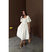 Defymoda Ekru Balon Kollu Dantelli Brode Elbise Ekru