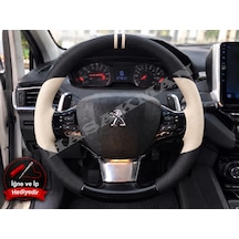 Peugeot 3008 Dikme Direksiyon Kılıfı Delikli Deri Parlak Siyah Bej Detay Çift Yüzük Ve Dikiş 2016-2020