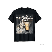 Flood Of Style Komik Rakun Buzlu Kahve İçiyor Hayvan Meme T-shirt Erkekler Kadınlar Için % 100% Pamuk T Shir Siyah