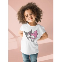 Sevbano Kuromi Ve Melody Baskılı Unisex Çizgi Film Çocuk Tişört 1-12 Yaş beyaz