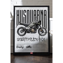 Husqvarna Svartpilen 401 Siyah Ahşap Çerçeveli Poster, Dekoratif Motosiklet Duvar Tablosu
