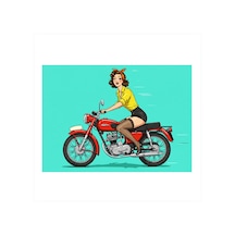 Retro Motosiklet Süren Kadın Hediyelik Mdf Tablo