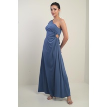 Kadın Tek Omuz Yan Pencere Detaylı Uzun Krep Saten Elbise-40824 Indigo