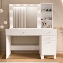 Robin Home Hollywood Makyaj Masası 3 Çekmece Kapaklı Düzenleyici Hollywood Led Işıklı Raflı Beyaz