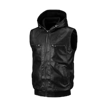 Kapüşonlu Triko Yaka Ve Triko Bel Hakiki Kuzu Derisi Yelek Siyah