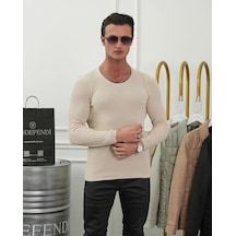 Modefendi Slim Fit Pamuk Triko Açık Sıfır Yaka Kazak Krem