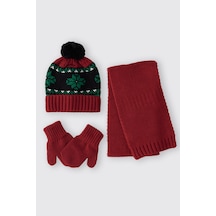 Unisex Bebek Kırmızı Atkı Bere Eldiven Seti 15238885
