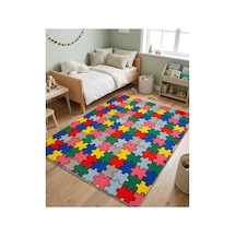 Renkli Puzzle Desenli Çocuk Odası Halısı Kaymaz Taban Eğlenceli Oyun Halısı Çok Renkli