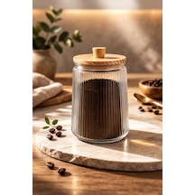 Bambu Vakum Kapaklı Cam 1800 Ml Çay Şeker Bakliyat Baharat Kavanozu Tekli Bej Bej