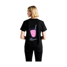 Paybuy Kadın Grafik Baskılı Kısa Kollu Tişört Neon İçecek Deseni Şerefe Siyah