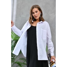 Kadın Beyaz Cep Detay Oversize Uzun Poplin Gömlek 001