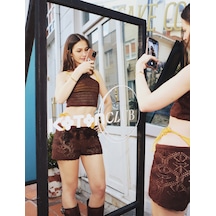 Koton Halter Yaka Slim Fit Nakışlı Kroşe Crop Bluz Kahverengi 5sal30002ht Kahve