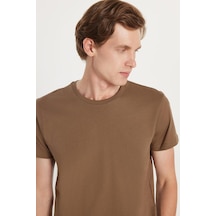 Tudors Unisex Slim Fit Dar Kesim %100 Pamuk Yumuşak Dokulu Kahverengi Bisiklet Yaka Tişört-34607 Kahverengi