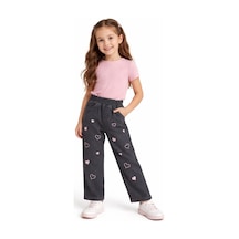 İrem Çocuk Giyim Kız Çocuk Pembe Kalp Nakışlı Beli Lastikli Koyu Füme Renk Pantolon Siyah