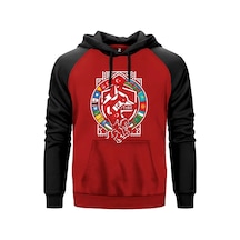 Kırmızı Bayraklı Kalkan Amblem Bozkurt Baskılı Kırmızı Renk Reglan Kol Sweatshirt Kapşonlu