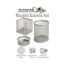 Masaüstü Fileli Kalemlik Seti 3 Parça 1 Paket 3 Lü Masa Üstü Düzenleyici Kalemlik Küp Notluk Ataşlık Gümüş