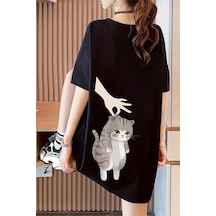 Hand And Cat Kadın Oversize Basic Bisiklet Yaka Pamuklu T-shirt Rahat Kesim Unisex SIYAH