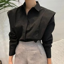 Novahub Kore Şık Vintage Basit Gömlek Turn Down Yaka Düğmesi Ruffles Sonbahar Uzun Kollu Gömlek Kadın Bluz Gevşek Giysiler Tops 28471 Siyah - M Siyah