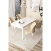 Canisa Arp Serisi 70x110 Sabit Mutfak Masası Takımı Beyaz Masa 4 Krem Sandalye Masa Beyaz Sandalye Krem
