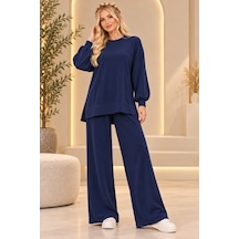 Bul-al Kadın Oversize Bisiklet Yaka Uzun Kollu Tunik Ve Cepli Olmayan Bol Paça Pantolon İkili Takım Lacivert