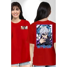 Jujutsu Vintage Washed - Megumi Gojo Anime Manga Kırmızı Oversize Unisex Ön Ve Sırt Baskılı Tişört Kırmızı