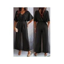 Butik İstanbul Kadın Kısa Kollu Kruvaze Yakalı Önden Büzgülü Uzun Aerobin Tulum Siyah