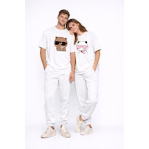Sevgili Kombini Panda Bardak Baskılı Çift Tişört Oversize Unisex Beyaz