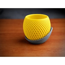 3d Baskı Küre Saksı - Kafes Dokulu İki Parçalı Dekoratif Saksı - Sarı-gri Çok Renkli
