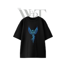 Thewert Mavi Feniks Tasarım Baskılı Ünisex Siyah Oversize T-shirt
