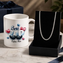 Bk Gift Kişiye Özel Babalar Günü Tasarımlı Beyaz Kupa & Sık Gurmet Zincir Kolye -10, Babalar Günü Hediyesi Gümüş