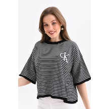 Park Karon Kadın Bisiklet Yaka Çizgili Oversize Triko Kazak 10160 Siyah