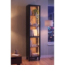 Yurudesign Yoda Temperli Cam Kapaklı Neon Led Işıklı Dar Alan Vitrin Büfe Kitaplık Ahşap Ayaklı 5 Raflı Sepet-siyah 183cm Yd8-sb