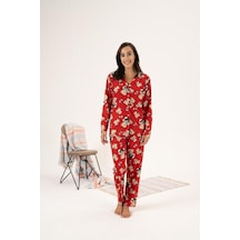 Estiva Desenli Önden Düğmeli Süet Bayan Pijama Takım 001