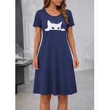Butik İstanbul Kadın Kısa Kollu Bisiklet Yakalı Kedi Desenli Viskon Kısa Elbise Lacivert