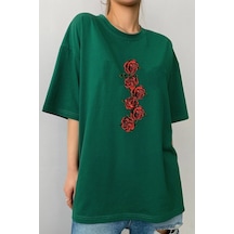 Unisex Rose Baskılı T-shirt Yeşil