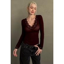 Madmext Bordo V Yaka Dantelli Transparan Kadın Bluz Mg2662 bordo