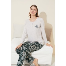 Siyah İnci Düğmeli Pamuklu Örme Pijama Takım 24240099 Bej