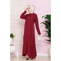 Sevitli Yanı Fermuar Detaylı Tesettür Elbise-bordo-4692 Bordo