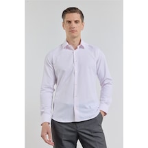 İmza Pudra Kendinden Desenli Sert Yaka Uzun Kol Cepsiz Slim Fit Pamuklu Gömlek 1004255283